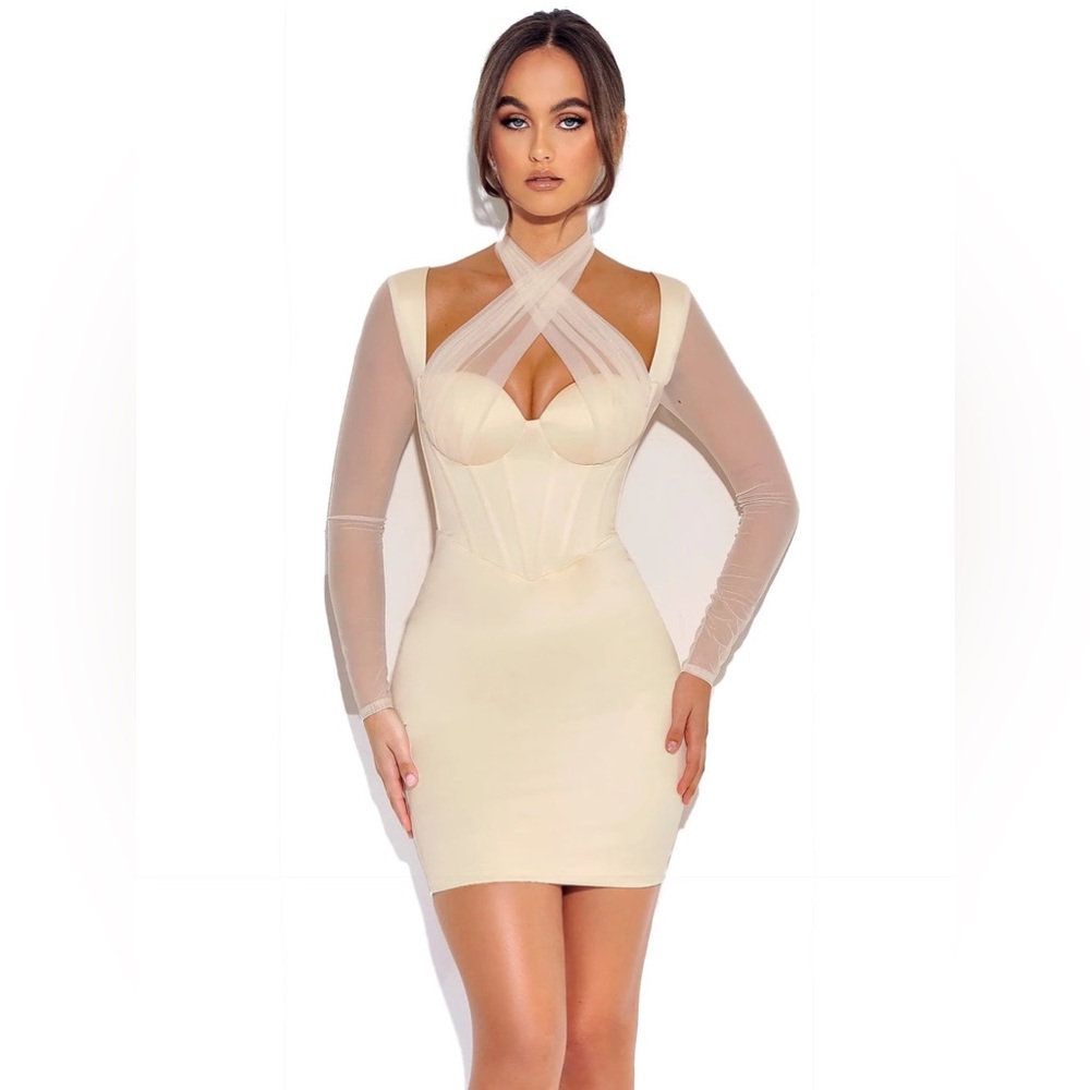 Miss Circle Beige Satin Mesh Long Sleeve Corset Dress XL